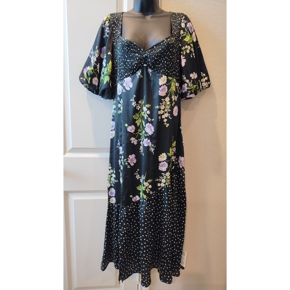 ASOS DESIGN mixed print ruched midi dress with puff sleeves Size 8